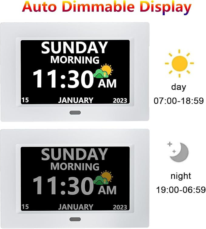 7 Inch Clock with Day and Date for Elderly Large Display Digital Clocks 12 Alarm 3 Display Modes Large Font Alzheimer's Clock Alarm Clocks for Seniors Auto DST White