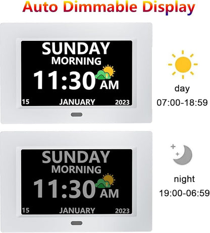 7 Inch Clock with Day and Date for Elderly Large Display Digital Clocks 12 Alarm 3 Display Modes Large Font Alzheimer's Clock Alarm Clocks for Seniors Auto DST White