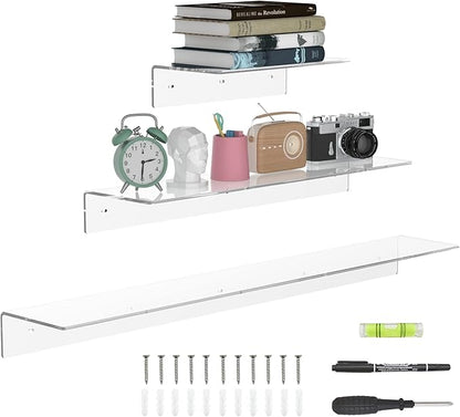 Sezanrpt Acrylic Wall Shelves 36 24 12 Inches, Clear Floating Shelf for Wall, Wall Mounted Display Shelves for Plants, Radio, Funko Pop, Stuffed Animal, Books, Clock, Cosmetics, Toiletries
