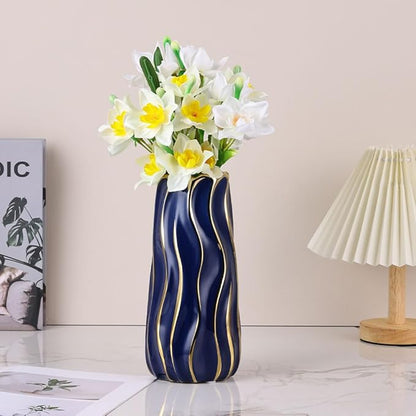 11.5" Blue Ceramic Vase - Minimalist Blue and Gold Flower Vase, Blue Decor Large Pampas Grass Vase, Boho Decorative Centerpiece Vase for Home Decor, Table, Shelf, Mantel, and Entryway