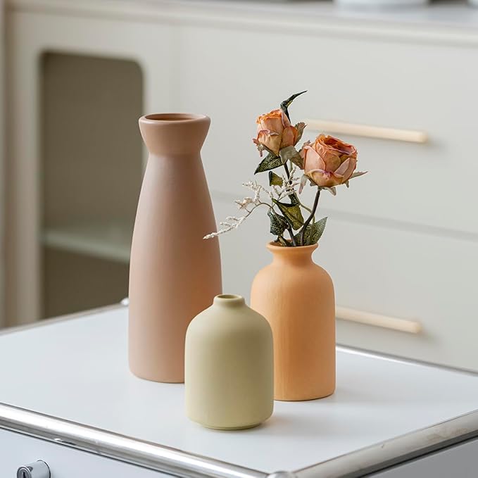 Distressed Ceramic Vase Set of 3, Modern Bohemian Farmhouse Home Decor, Pampas Grass Dried Flowers Vases for Living Room, Dining Room, Bedroom, Kitchen, Bathroom, Office, Entryway (Brown Mix)