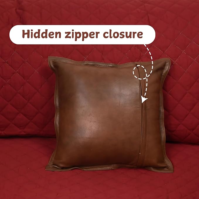 Lambskin Leather Pillow Cover - Sofa Cushion Case - Decorative Throw Covers for Living Room & Bedroom, 20x20 Inches - Dark Brown Antique Box Pack of 2