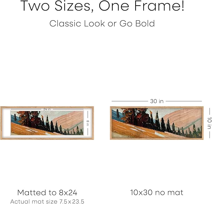 Homeforia 10x30 Wood Frame, High End Natural Oak 10x30 Light Wooden Picture Frame with Mat 8x24, 10 x 30 Poster Frames Matted to 8 by 24 Print, 30x10 Hanging Frames, Tempered Glass, Wall Kit, Set of 1