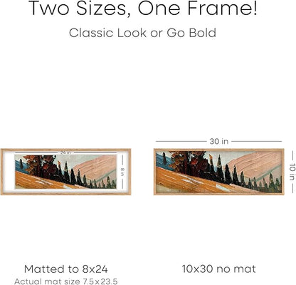 Homeforia 10x30 Wood Frame, High End Natural Oak 10x30 Light Wooden Picture Frame with Mat 8x24, 10 x 30 Poster Frames Matted to 8 by 24 Print, 30x10 Hanging Frames, Tempered Glass, Wall Kit, Set of 1