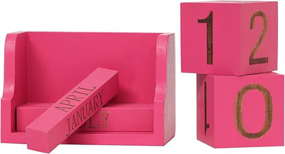 Block Calendar,Wooden Perpetual Blocks,Small Desk Decor for Office Desktop Vintage Month Date Number Cubes Display Home Chic Rustic Decoration(Hot Pink)