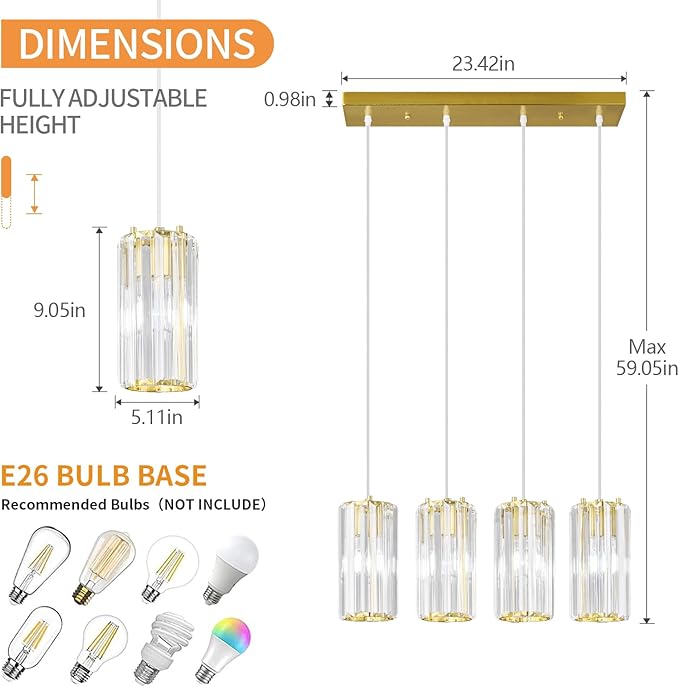 Gold Pendant Lighting Modern Pendant Light, Mini Crystal Chandeliers,Adjustable Pendant Light Fixture for Kitchen Island Dinning Room Corridor Bedroom(Gold 4-Light)