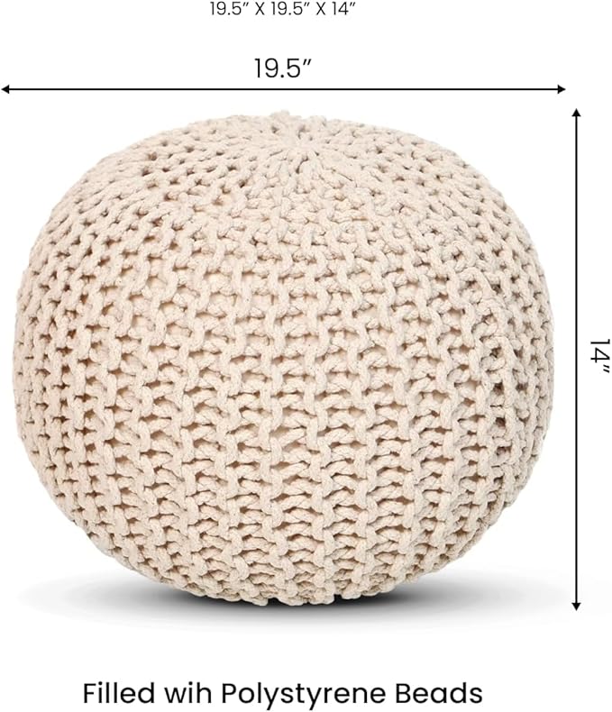 REDEARTH · Round Pouf Ottoman - Hand Knitted Cable Boho Poof Home Décor Pouffe Circular Footrest for Living Room - Nursery - Bedroom - Lounge 100% Cotton (19.5"x19.5"x14") - Ivory, Set of 2