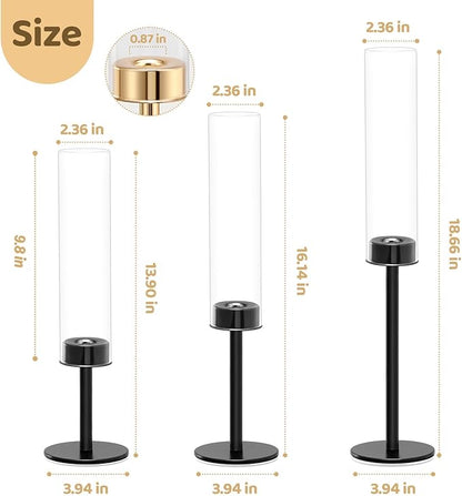 Black Hurricane Glass Candle Holders Set of 3, Tall Metal Taper Candle Stick Holder, Clear Candlestick Holders, Table Centerpieces Decor for Dining Dinner, Weddings, Christmas Fireplace Decorations