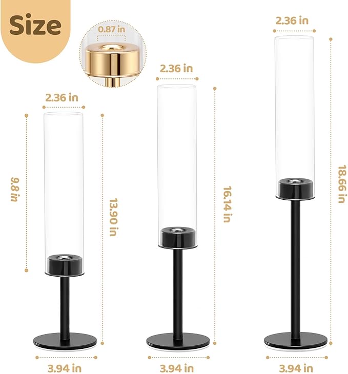 Black Hurricane Glass Candle Holders Set of 6, Tall Metal Taper Candle Stick Holder, Clear Candlestick Holders, Table Centerpieces Decor for Dining Dinner, Weddings, Christmas Fireplace Decorations