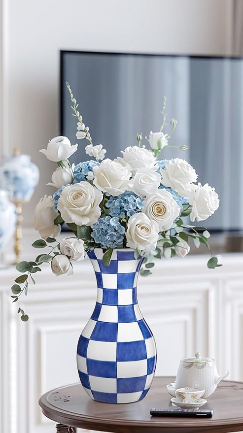 Blue and White Flower Vase, 11 Inch Tall Ceramic Vase in Wide Mouth Plain Pattern, Large Retro Chinoiserie Vase Decor Side Table Centerpiece Mantel Living Room Bookshelf Antique Grand Millennial Decor