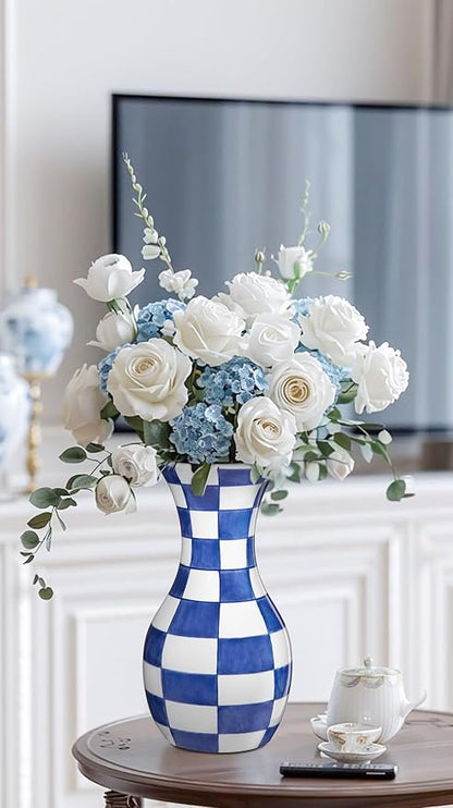 Blue and White Flower Vase, 11 Inch Tall Ceramic Vase in Wide Mouth Plain Pattern, Large Retro Chinoiserie Vase Decor Side Table Centerpiece Mantel Living Room Bookshelf Antique Grand Millennial Decor
