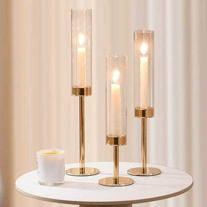 Gold Hurricane Candle Holders Set of 3, Tall Metal & Windproof Glass Taper Candle Holders, Brass Candlesticks Holder Decorations, Table Centerpieces for Weddings, Christmas, Parties, Fireplace Decor