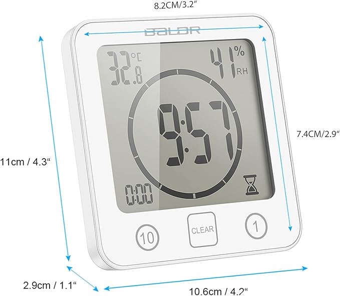 Waterproof Digital Shower Clock, Bathroom Wall Clock with Countdown Timer, Temperature & Humidity Display, Magnetic Back & Suction Cup for Bathroom, Kitchen, Spa