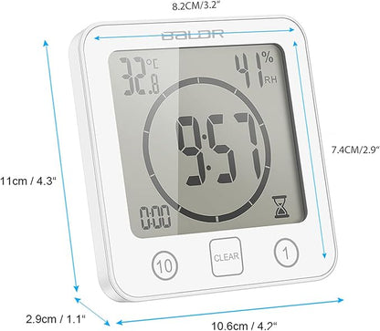 Waterproof Digital Shower Clock, Bathroom Wall Clock with Countdown Timer, Temperature & Humidity Display, Magnetic Back & Suction Cup for Bathroom, Kitchen, Spa