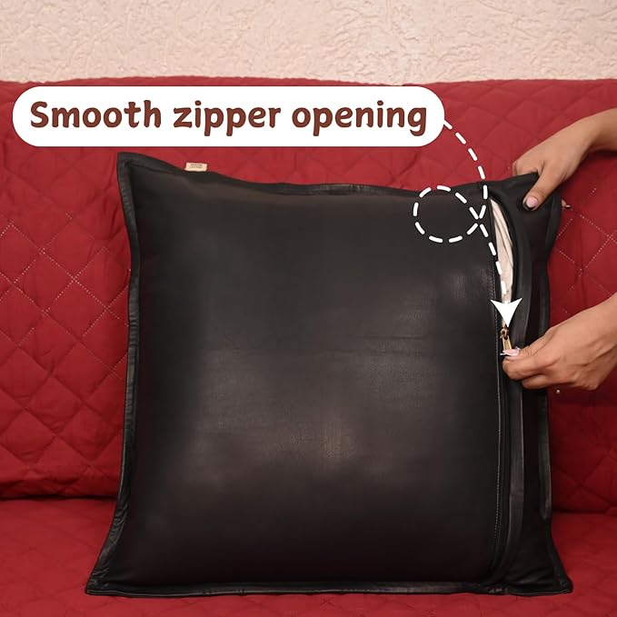 Lambskin Leather Pillow Cover - Sofa Cushion Case - Decorative Throw Covers for Living Room & Bedroom, 18x18 Inches - Black Box Pack of 2
