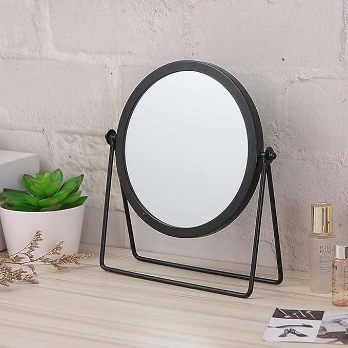 Geschaft Black Tabletop Single Sided Makeup Mirror, 360° Rotation Metal One-Sided Dressing Table Mirror, Round Swivel Desktop Stand Mirror (Black - Round), 7.1(L) x 2(W) x 8.5 (H)