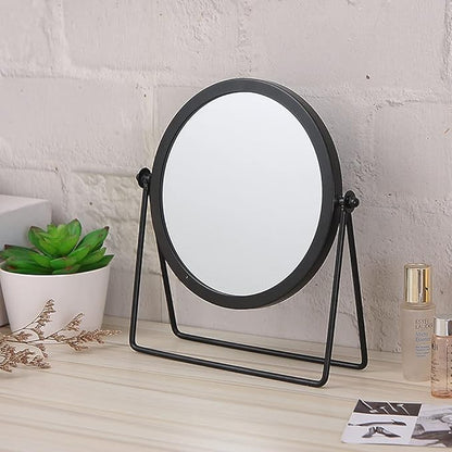 Geschaft Black Tabletop Single Sided Makeup Mirror, 360° Rotation Metal One-Sided Dressing Table Mirror, Round Swivel Desktop Stand Mirror (Black - Round), 7.1(L) x 2(W) x 8.5 (H)