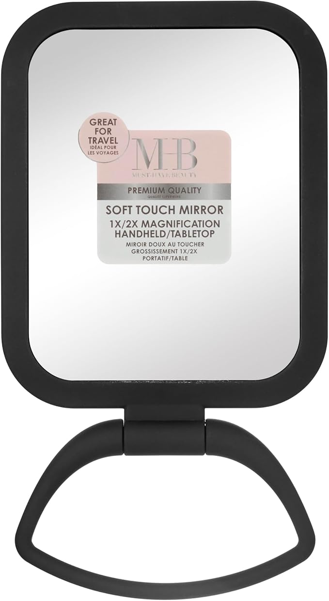 EXPRESSIONS Premium Soft Touch Rotating Mirror 1x 2X Magnification - Rectangle Black Vanity Handheld Tabletop Makeup Small Desk Travel