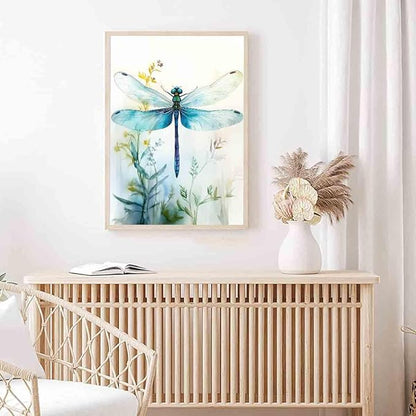 Watercolor Dragonfly Canvas Wall Art Teal Dragonfly Picture Animal Paintings Watercolor Insect Poster Vintage Insect Canvas Flowers Picture Retro Abstract Living Room Decor 16x24inch No Frame