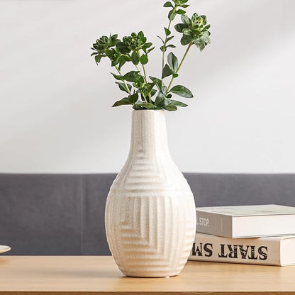 hjn Hand-Glazed White Ceramic Vase - 9.4" H Modern Decorative Centerpiece Vase for Fresh/Dried Flowers, Home Decor for Living Room Bookshelf Mantel | Wedding Housewarming Gift