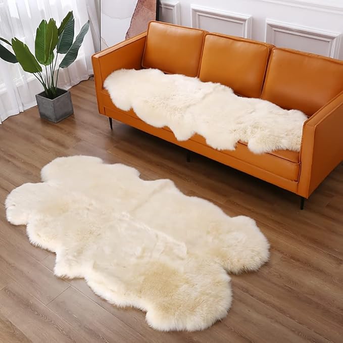 HUAHOO Premium Genuine Sheepskin Rug Beige Real Australia Sheepskin Natural Luxury Fluffy Lambskin Fur Area Rug Seat Covers for Kids Bedroom Sofa Chair Cover Pets Dogs Mat Quarto Pelt/4' x 6' Beige
