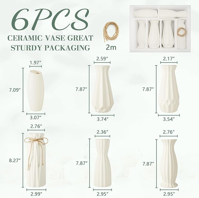 6 Pack White Ceramic Vase, Flower Vase Textured Table Centerpiece Weddings Vases with Twine Bow, Modern Home Decor, Fit for Foyer Living Room Fireplace Bedroom Kitchen 7.09-8.27" H