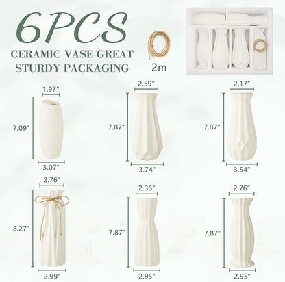 6 Pack White Ceramic Vase, Flower Vase Textured Table Centerpiece Weddings Vases with Twine Bow, Modern Home Decor, Fit for Foyer Living Room Fireplace Bedroom Kitchen 7.09-8.27" H