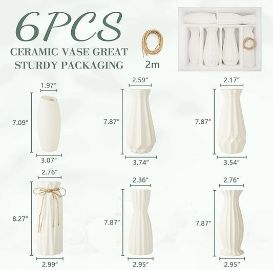 6 Pack White Ceramic Vase, Flower Vase Textured Table Centerpiece Weddings Vases with Twine Bow, Modern Home Decor, Fit for Foyer Living Room Fireplace Bedroom Kitchen 7.09-8.27" H