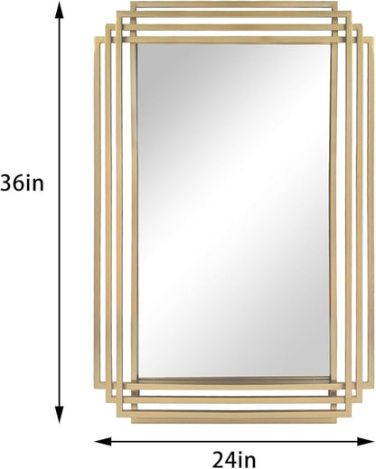 Gold Rectangle Mirror, 24"x36" Geometric Art Deco Mirror with Metal Frame, Modern Elegant Wall Mirrors for Living Room Bathroom Vanity Bedroom Entryway, Hangs Vertically or Horizontally