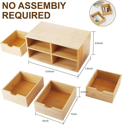 Bamboo Desk Organizer with 4 Drawers – Countertop Storage Box for Makeup, Office Supplies, and Home Essentials – Stylish Tabletop Organizer for Workspace or Bathroom