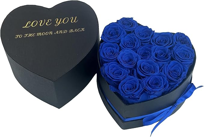Preserved Roses Heart Shape Box Valentines Day Gifts for Her Mothers Day Forever Flowers (Blue, 16 Roses)