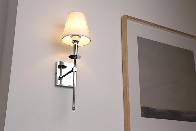 PERMO Set of 2 Classic Rustic Industrial Wall Sconce Lighting Fixture with Flared White Textile Lamp Shade and Chrome Tapered Column Stand, Hardwired, E26 Base