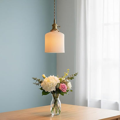 Modern Farmhouse Mini Pendant Light with White Ceramic Cylindrical Shade, Brass E26 Socket with On/Off Switch, Hardwired Hanging Lamp for Vanity, Kitchen Sink Lighting Bar Counter