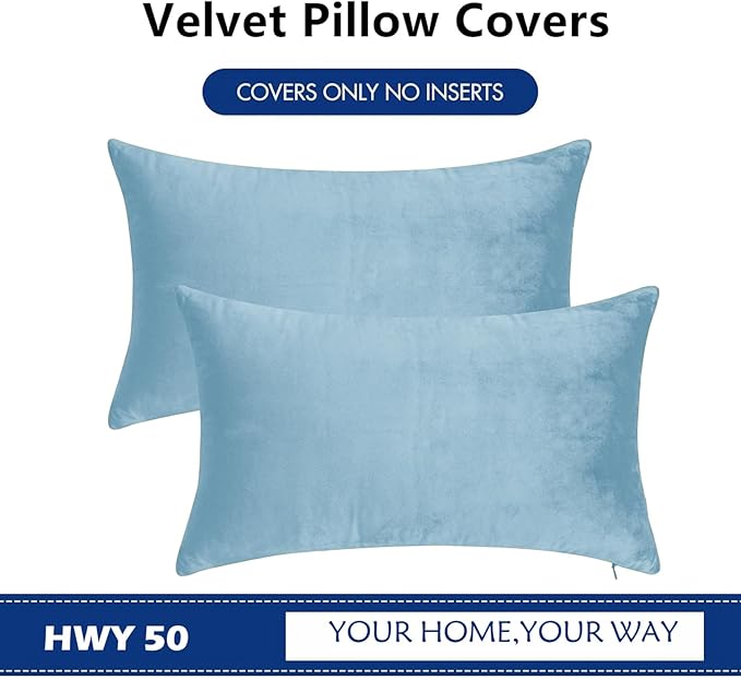 HWY 50 Light Blue Velvet Rectangular Throw Pillow Covers 12x20 Inch, Pack of 2 Soft Cozy Solid Decorative Luxury Cushion Cases for Couch Sofa Bed Living Room Bedroom