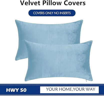 HWY 50 Light Blue Velvet Rectangular Throw Pillow Covers 12x20 Inch, Pack of 2 Soft Cozy Solid Decorative Luxury Cushion Cases for Couch Sofa Bed Living Room Bedroom