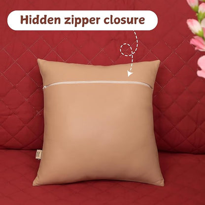 Lambskin Leather Pillow Cover, Hand Panel Stitched Leather Decorative Throw Pillow Covers for Couch Sofa Bed Living Room Garden (14x14 Inches, Beige Pack of 2)