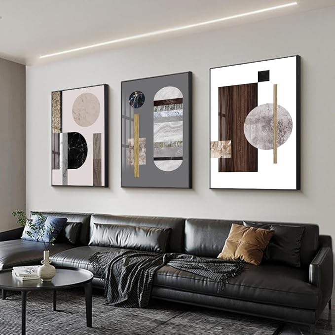 QKF Bright Extra Large Framed Canvas Wall Art For Living Room Wall Decor Home Modern Abstract Prints Large wall pictures geometric round square Wood Grain Brown（24"X32"X3 pieces）