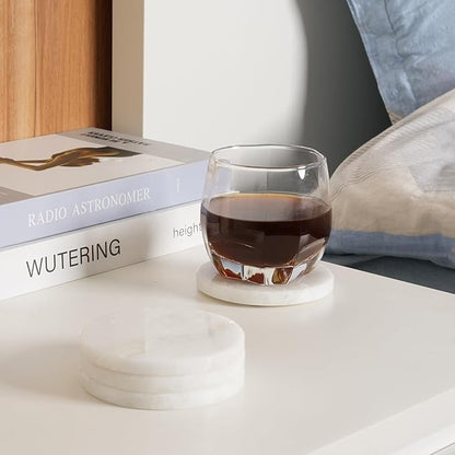 BCS Marble Coasters Set of 6 - Premium White Stone Coasters for Drinks with Holder - Cup Mats for Coffee, Tea, Beer, Wine - Elegant Table Decor for Home, Office, Dining