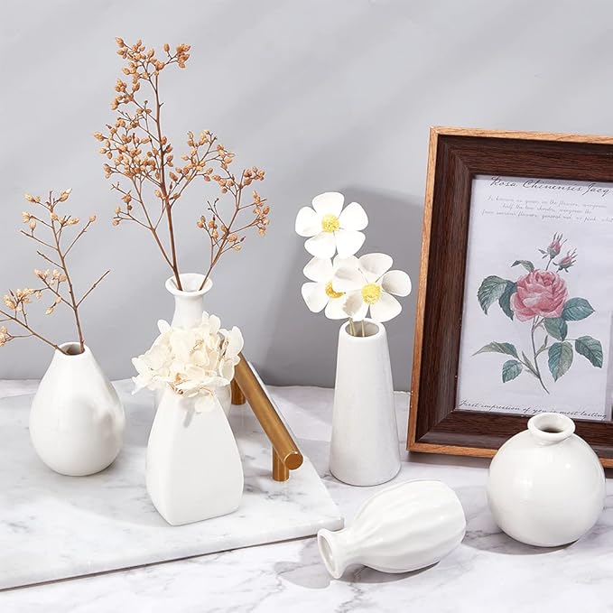 NBEADS 6 Pcs Mini Ceramic Flower Vase, 6 Styles Rustic Decor Vase Modern Farmhouse Decor White Plain Small Vases for Flowers Small Plants Floral Dining Room Shelf Decor, 1.7~2.6x2.8~3.9"