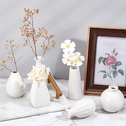 NBEADS 6 Pcs Mini Ceramic Flower Vase, 6 Styles Rustic Decor Vase Modern Farmhouse Decor White Plain Small Vases for Flowers Small Plants Floral Dining Room Shelf Decor, 1.7~2.6x2.8~3.9"