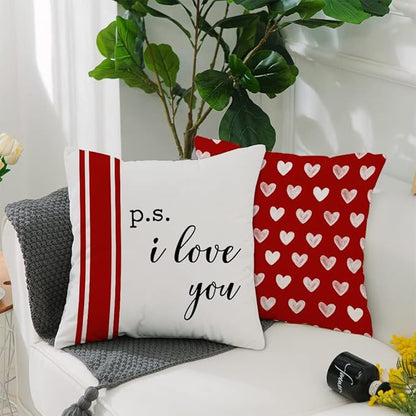 GEEORY Valentine's Day Pillow Covers 16 x 16 Inch Set of 4 - Red Black Stripes Love Heart I Love You Throw Pillows Decorative Cushion Cases for Valentine Decor