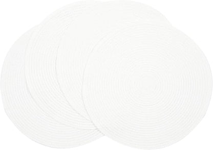 SHACOS Round Braided Placemats Set of 4 Washable Round Table Mats for Dining Table 15 inch (White, 4)