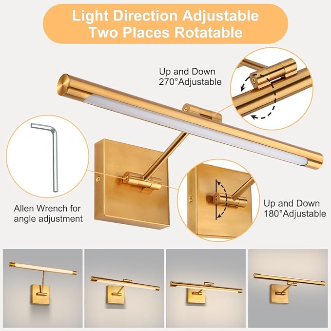 16.54inch LED Picture Lights for Paintings, Brass Golden-Like Finish, Adjustable Art Light Gallery LED Wall Light Wall Sconces for Art Work, Hardwired Connection, Dimmable 3000K CRI90+