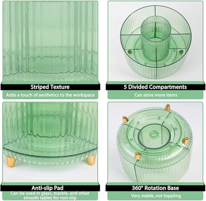 SKYDUE Rotating Pencil Pen Holder, Pen Organizer with 5 Slots - Aesthetic Desk Organizer and Accessories for School, Home, Office Supplies, Clear Green