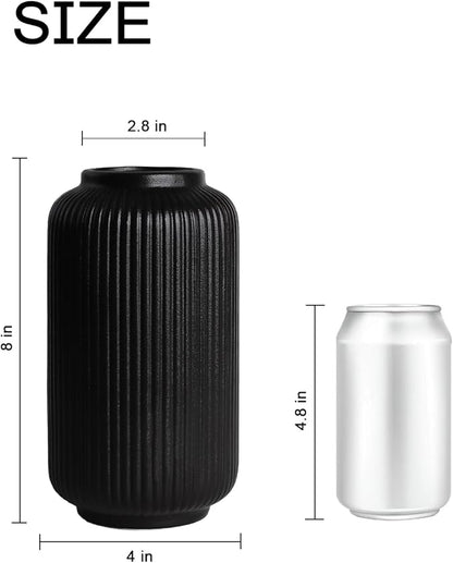 Matte Black Ceramic Flower Vase, 8 Inch Ribbed Vase for Pampas Grass, Fresh or Dried Flowers, Decorative Centerpiece for Living Room, Kitchen, Bookshelf, Office Decor