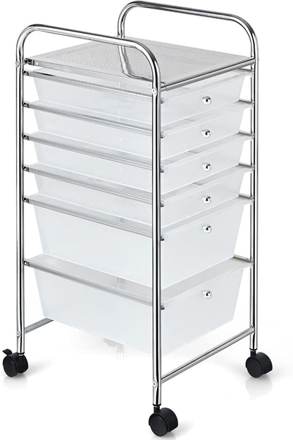Giantex 6 Storage Drawer Cart Rolling Organizer Cart for Tools Scrapbook Paper Home Office School Multipurpose Mobile Utility Cart (Clear White)