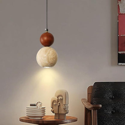 Modern Minimalist Nordic Lighting Fixture Spherical Travertine Walnut Wood Pendant Light Adjustable Hanging Lamp for Bedroom Bedside Dining Room Study