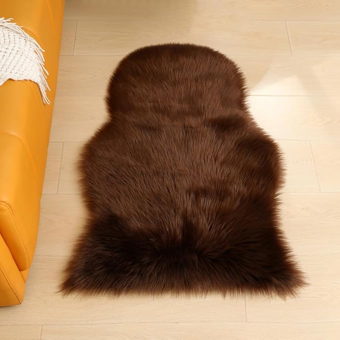 Faux Fur Small Rug 2 x 3 ft Coffee Shaggy Sheepskin Machine Washable Fuzzy Area Rug Super Soft Fluffy Plush Carpet for Bedroom Living Room Floor Nursery Kids Room Bedside Rug