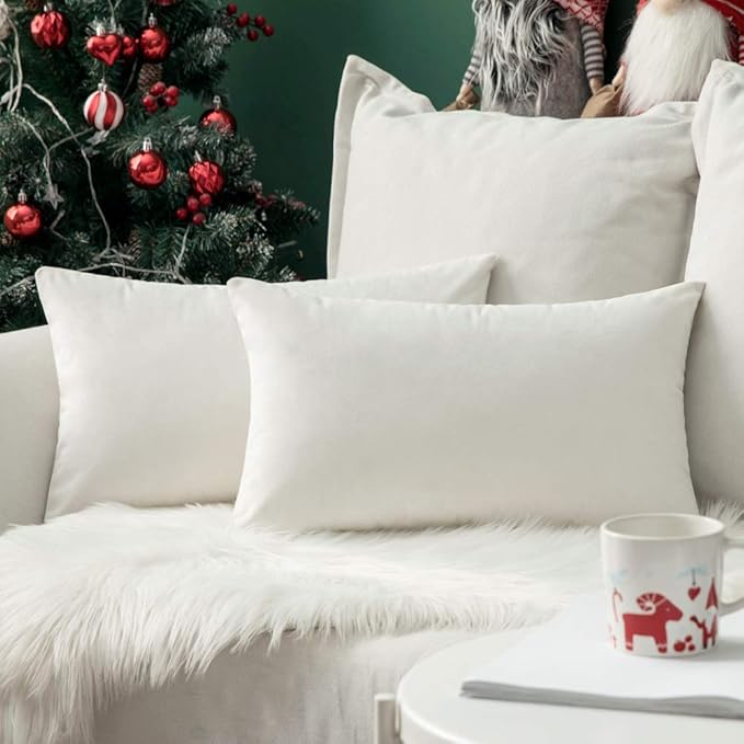 MIULEE Velvet Throw Pillow Covers 12x20 Inch, Pack of 2 - Pure White, Soft Solid Lumbar Decorative Pillow Covers Modern Luxury Home Decor for Spring Couch Sofa Bedroom Livingroom
