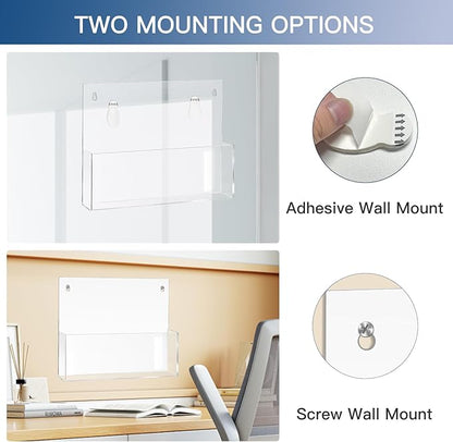 2 Pack Clear Acrylic File Holder Wall Mount Self Adhesive, Legal Size Hanging Paper Organizer, Wall Pocket File Holder Storage for Letter Folder Brochure Magazine Bookshelf Literature Display